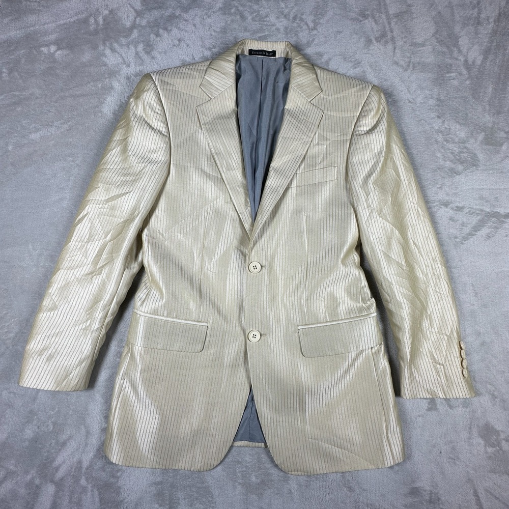 Renoir Blazer Jacket Mens 34 Beige Striped Lined Single Breasted Notch Lapel